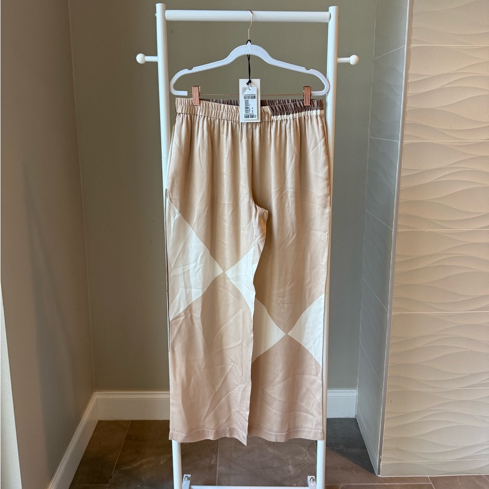 Beige and White Geometric Pattern Silk Pants